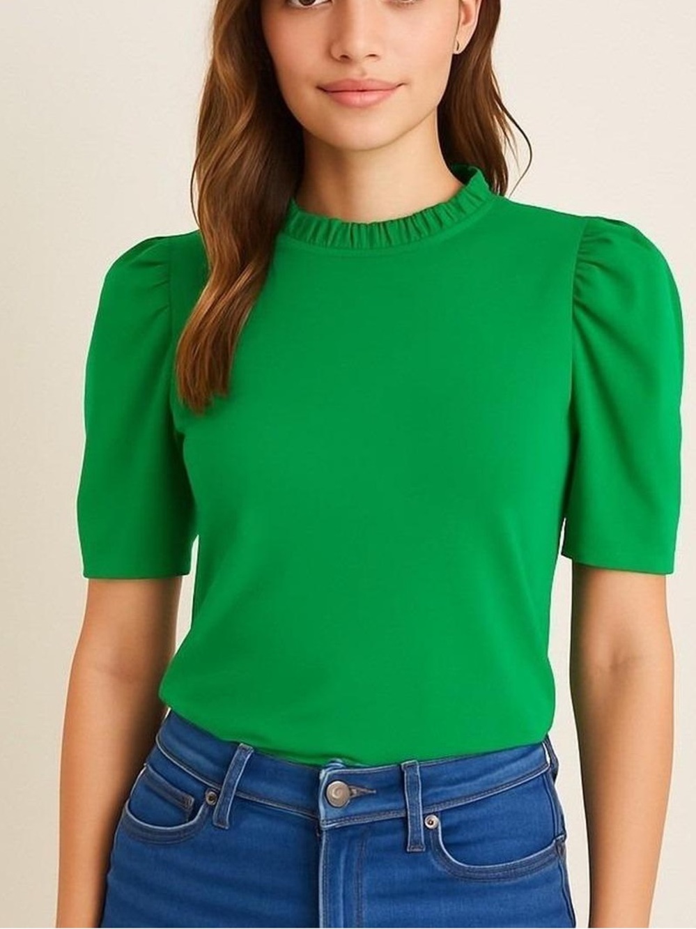 CeCe Emerald Green Ruffle Neck Puff Sleeve Top size small